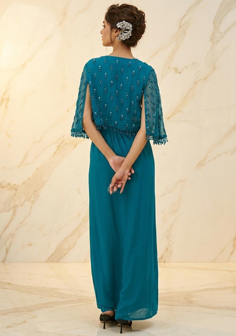 Peacock Blue Embroidered Handwork Fusion Set - Indya