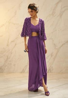 Purple Embroidered Handwork Fusion Set