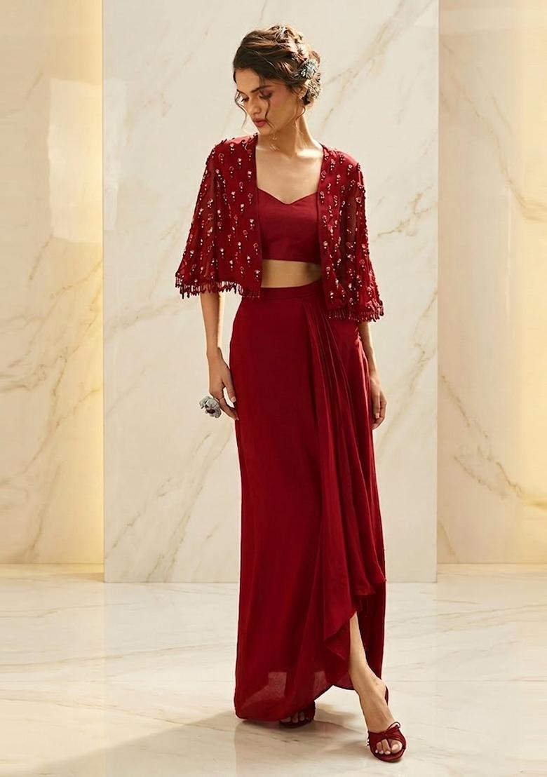 Red Embroidered Handwork Fusion Set - Indya
