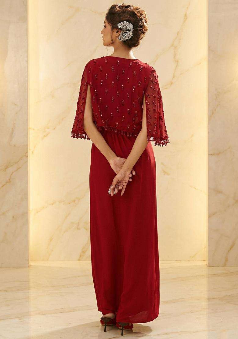 Red Embroidered Handwork Fusion Set - Indya