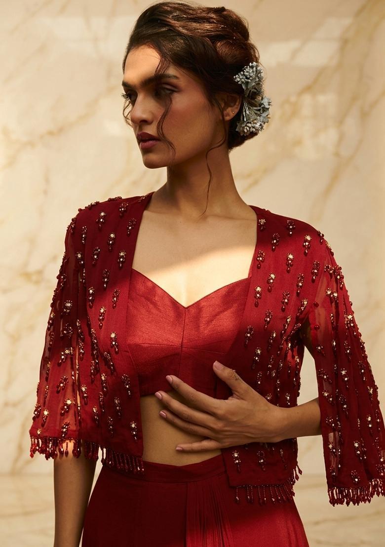 Red Embroidered Handwork Fusion Set - Indya