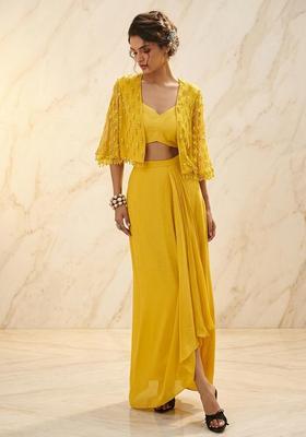 Yellow Embroidered Handwork Fusion Set