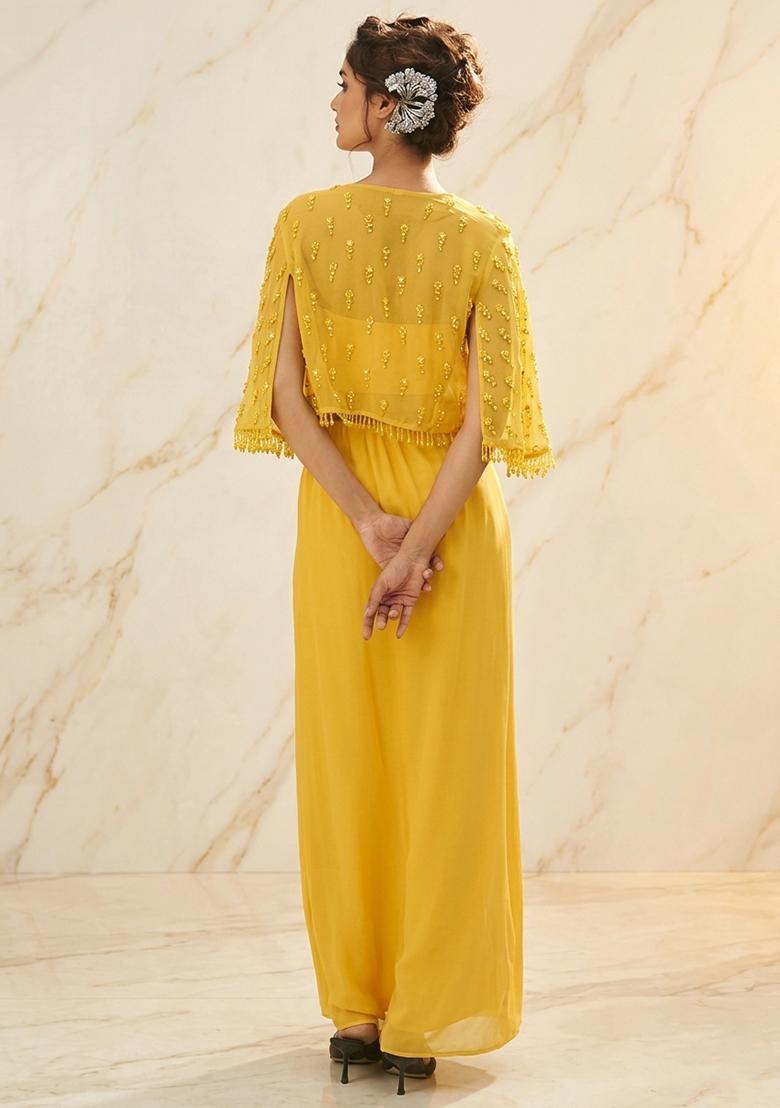 Yellow Embroidered Handwork Fusion Set - Indya