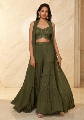 Olive Green Embroidered Handwork Fusion Set