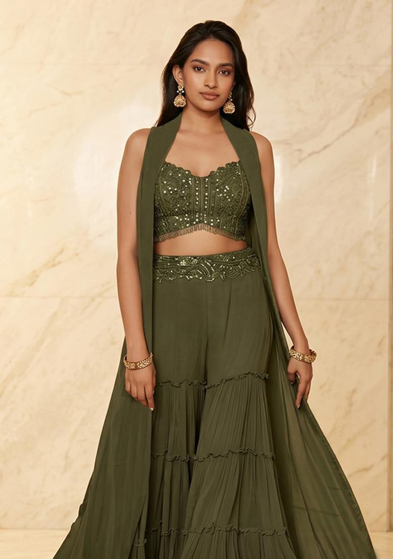 Olive Green Embroidered Handwork Fusion Set - Indya