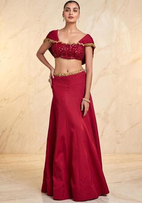 Crimson Red Embroidered Handwork Lehenga Set