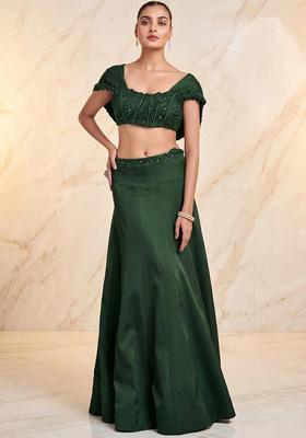 Bottle Green Embroidered Handwork Lehenga Set