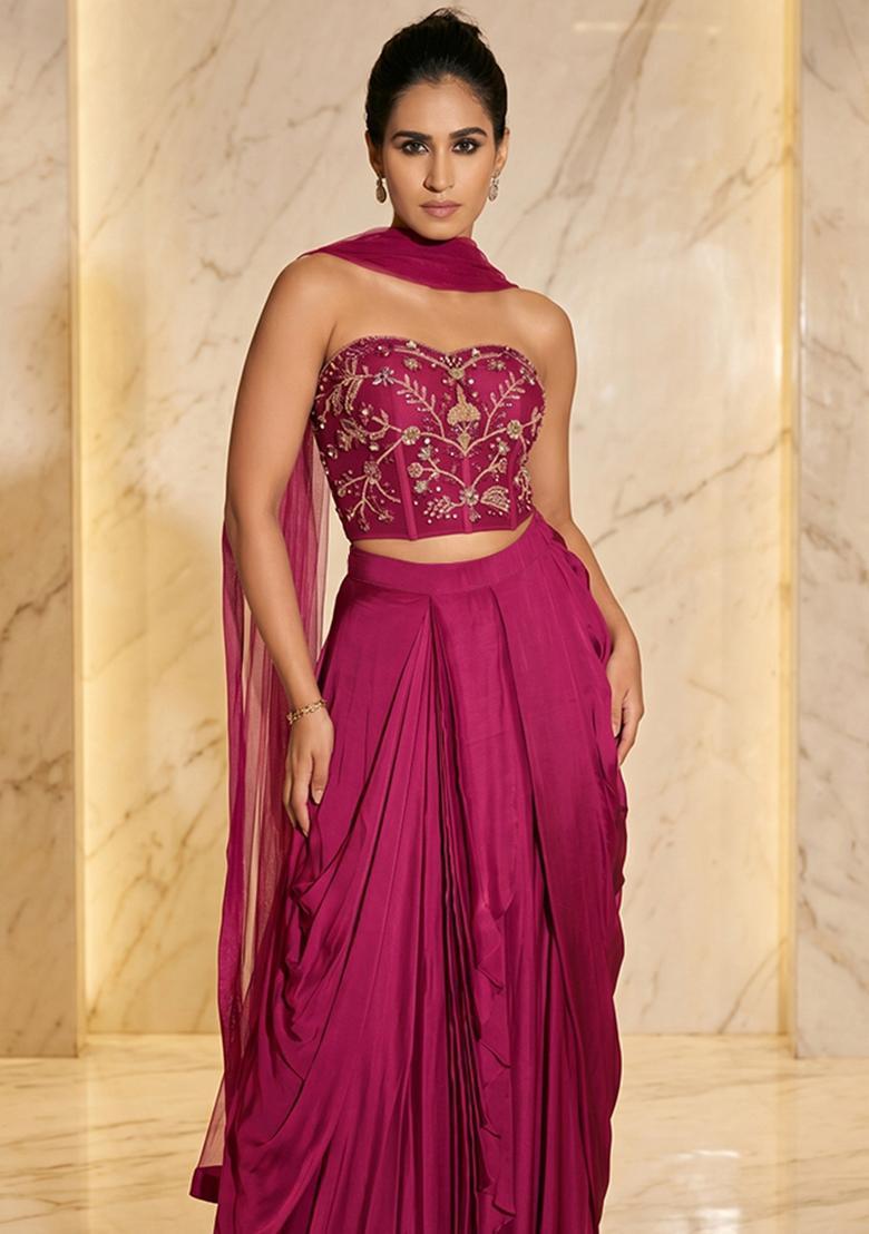 Magenta Pink Embroidered Handwork Fusion Set - Indya