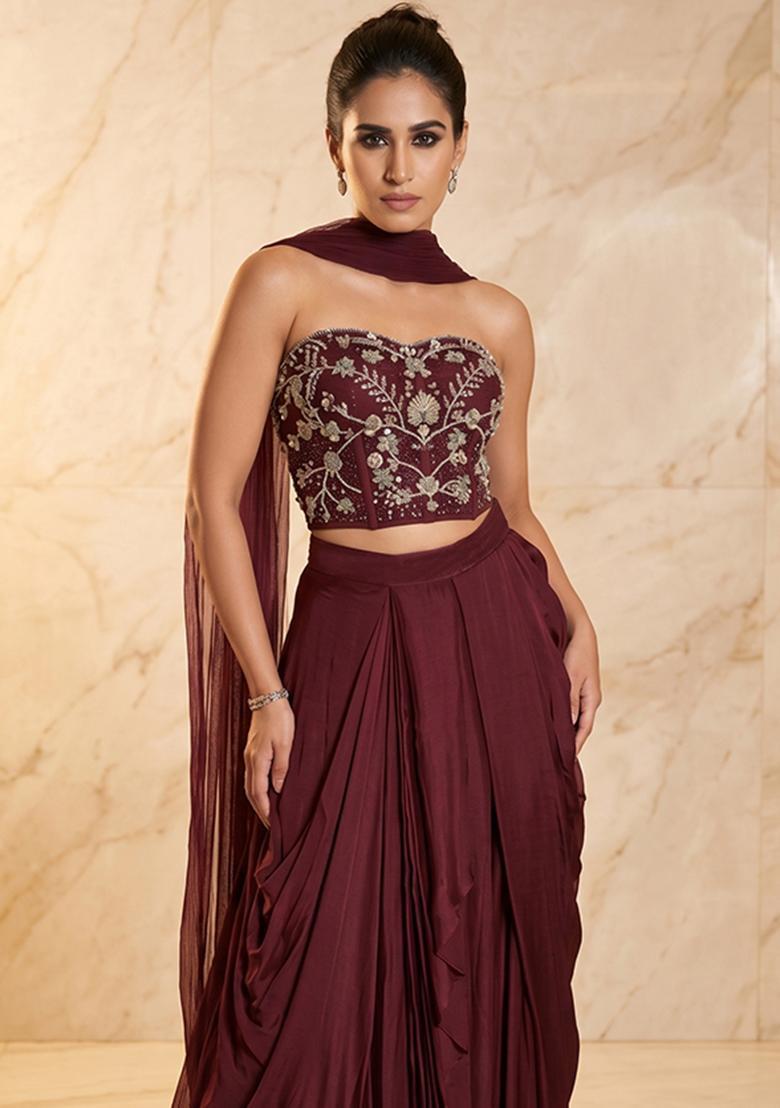 Deep Brown Embroidered Handwork Fusion Set - Indya