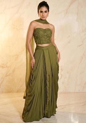 Olive Green Embroidered Handwork Fusion Set