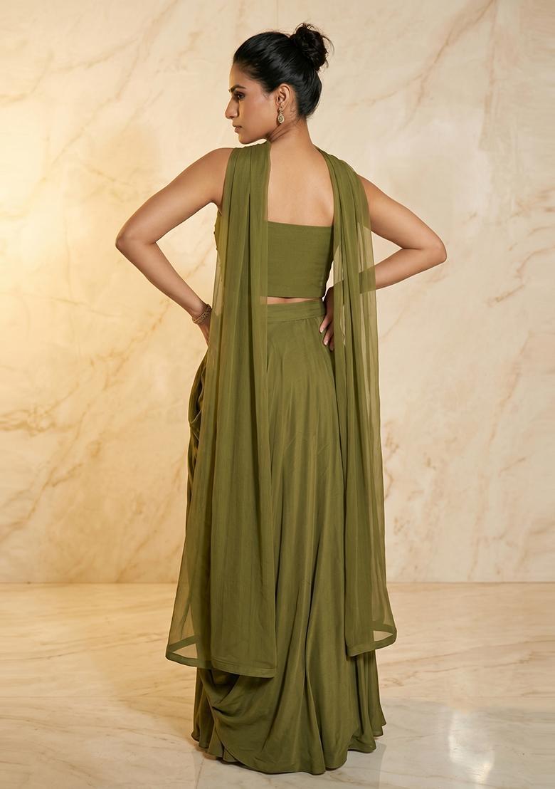 Olive Green Embroidered Handwork Fusion Set - Indya