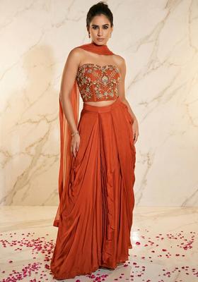 Rust Orange Embroidered Handwork Fusion Set