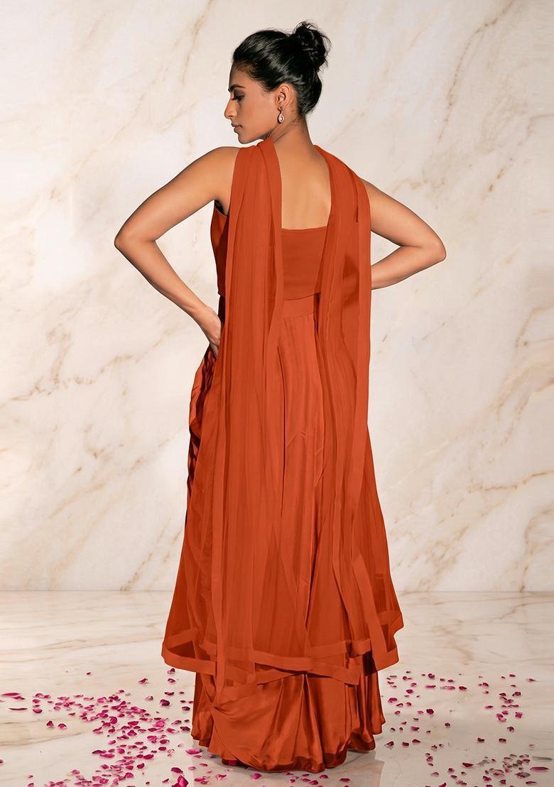 Rust Orange Embroidered Handwork Fusion Set - Indya