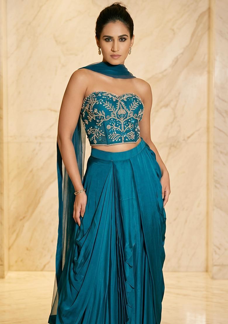 Teal Blue Embroidered Handwork Fusion Set - Indya