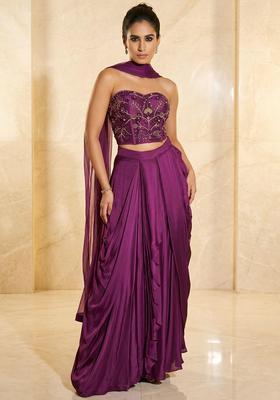 Wine Purple Embroidered Handwork Fusion Set
