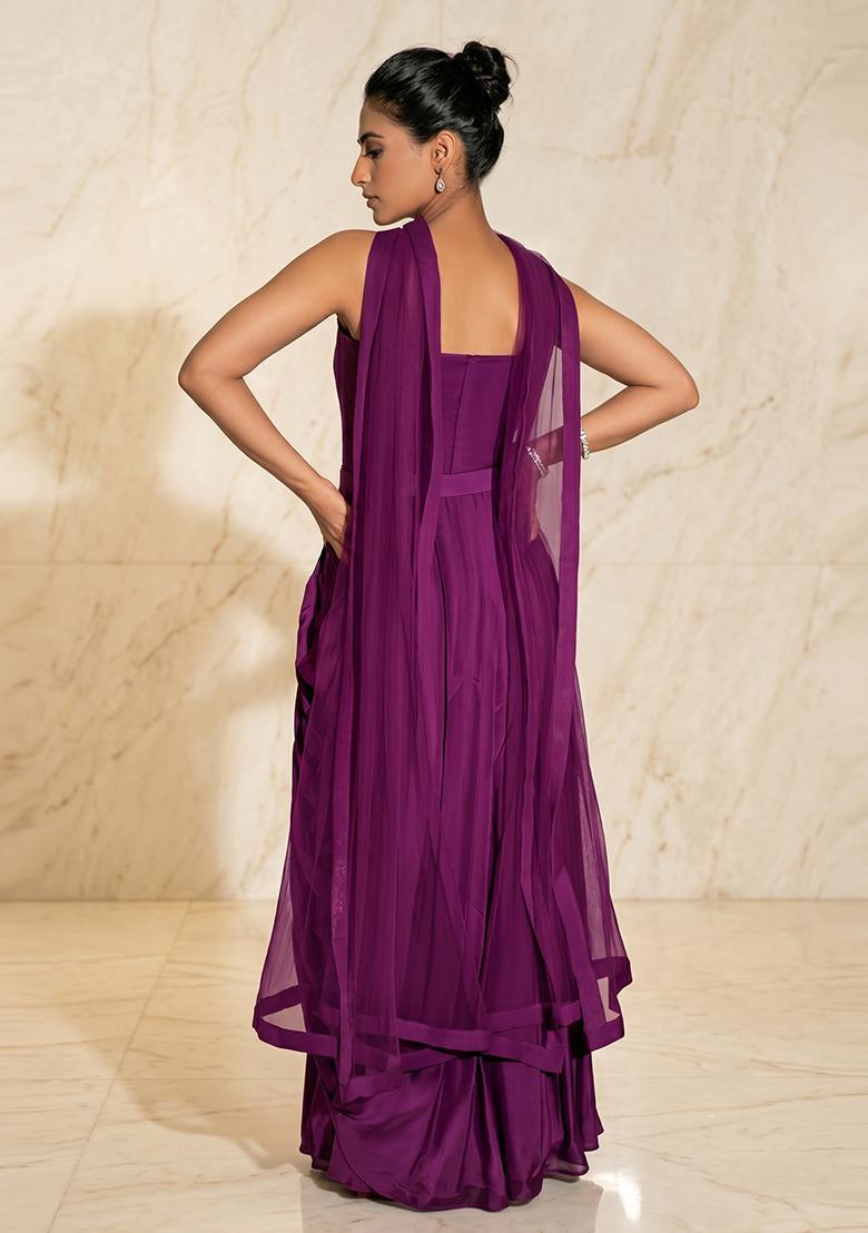 Wine Purple Embroidered Handwork Fusion Set - Indya