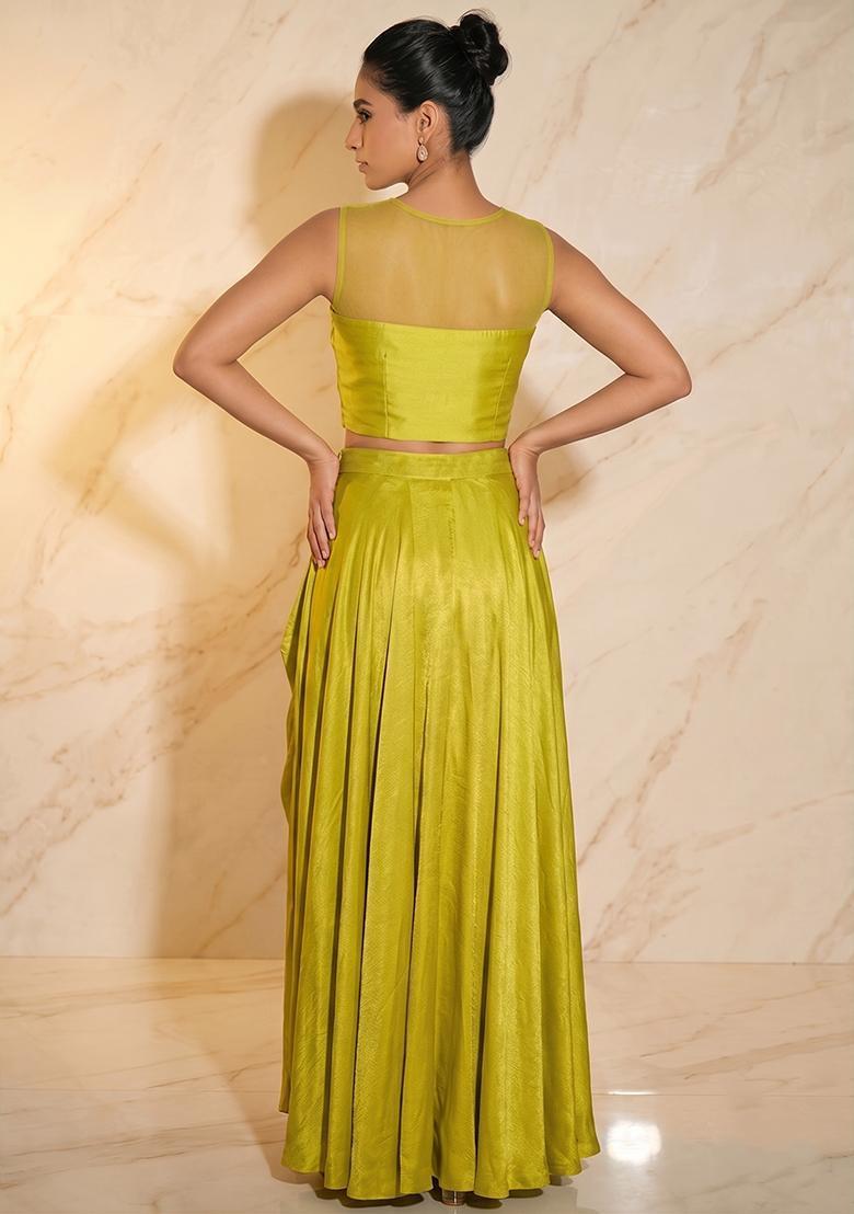 Lime Green Embroidered Handwork Fusion Set - Indya