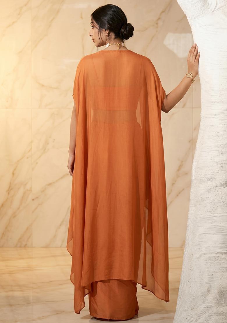 Rust Orange Embroidered Handwork Fusion Set - Indya