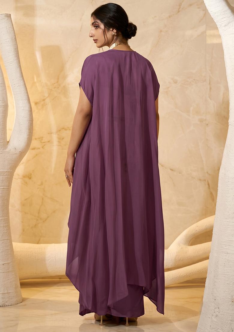 Purple Embroidered Handwork Fusion Set - Indya