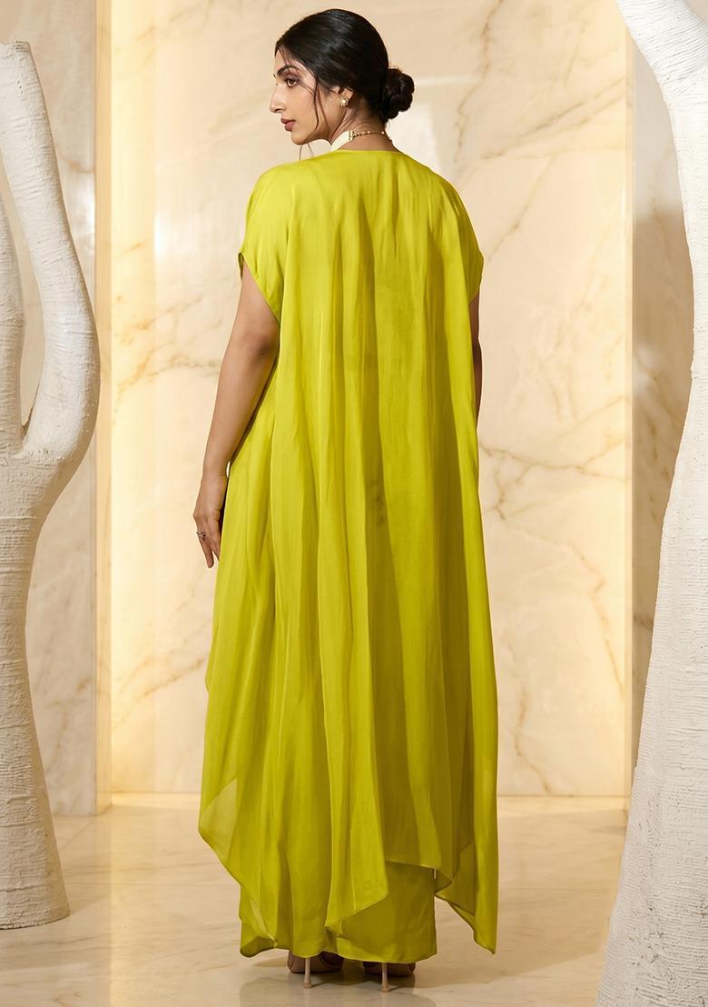 Lime Green Embroidered Handwork Fusion Set - Indya