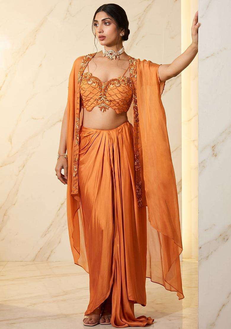 Orange Embroidered Handwork Fusion Set - Indya
