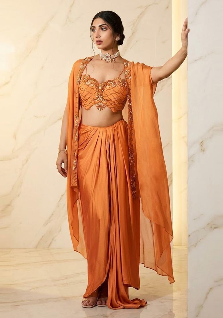 Orange Embroidered Handwork Fusion Set - Indya
