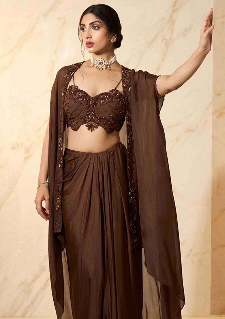 Coffee Brown Embroidered Handwork Fusion Set - Indya