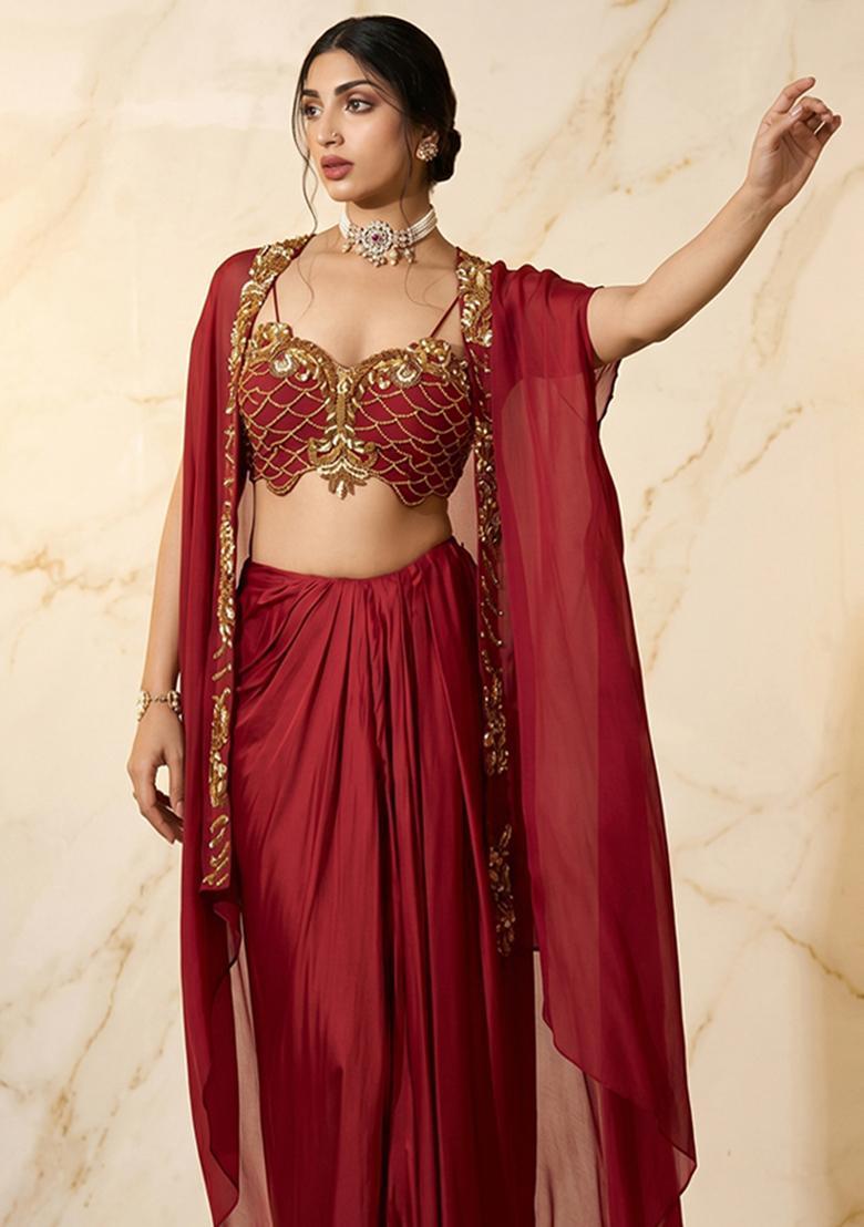 Maroon Embroidered Handwork Fusion Set - Indya