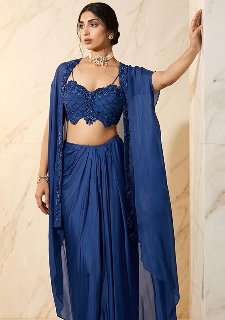 Navy Blue Embroidered Handwork Fusion Set - Indya