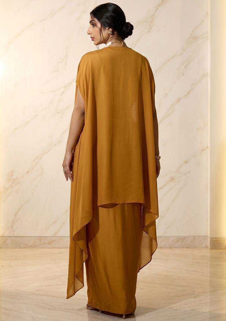 Mustard Yellow Embroidered Handwork Pre Draped Saree Set - Indya