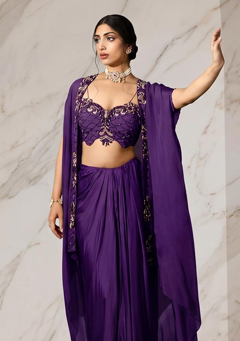 Dark Purple Embroidered Handwork Pre Draped Saree Set - Indya