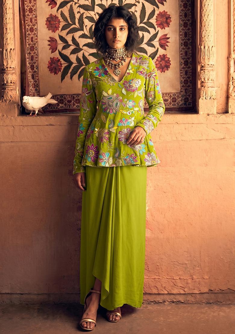 Lime Green Printed Crepe Fusion Set - Indya