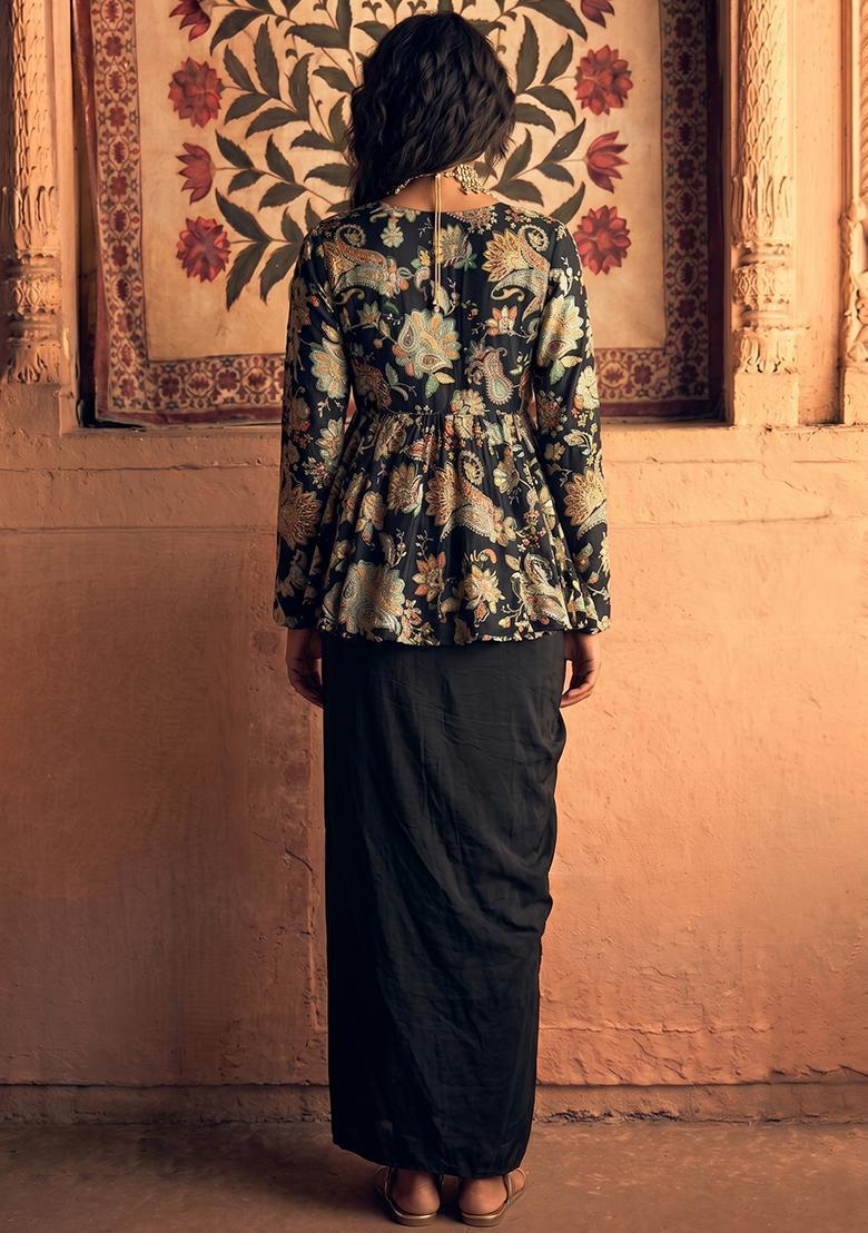 Jet Black Printed Crepe Fusion Set - Indya