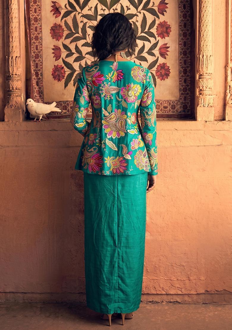 Turquoise Green Printed Crepe Fusion Set - Indya