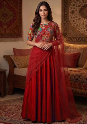 Royal Blue Printed Crepe Lehenga Set