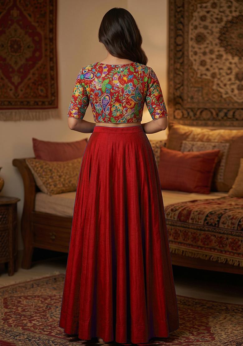 Royal Blue Printed Crepe Lehenga Set - Indya