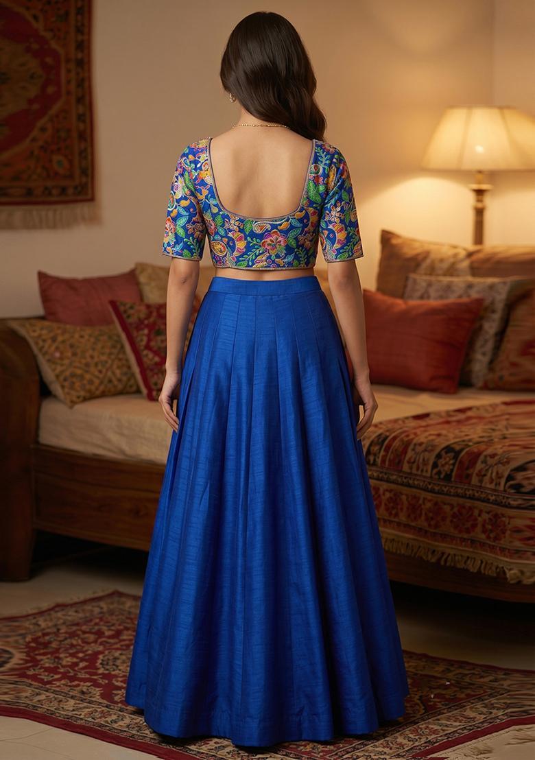 Royal Blue Printed Crepe Lehenga Set - Indya