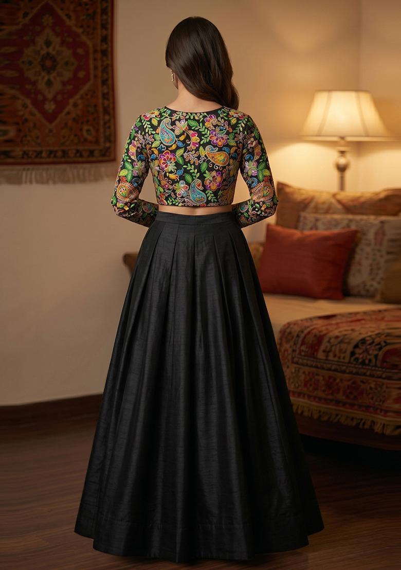 Jet Black Printed Crepe Lehenga Set - Indya