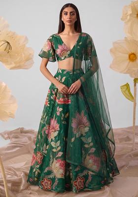 Emerald Green Embroidered Cosmos Lehenga Set