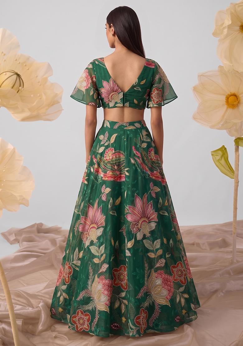 Emerald Green Embroidered Cosmos Lehenga Set - Indya
