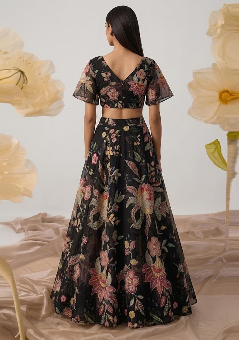 Jet Black Embroidered Cosmos Lehenga Set - Indya