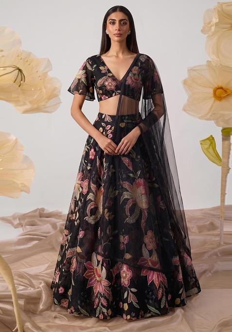 Jet Black Embroidered Cosmos Lehenga Set