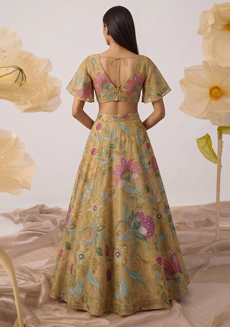 Gold Embroidered Cosmos Lehenga Set - Indya