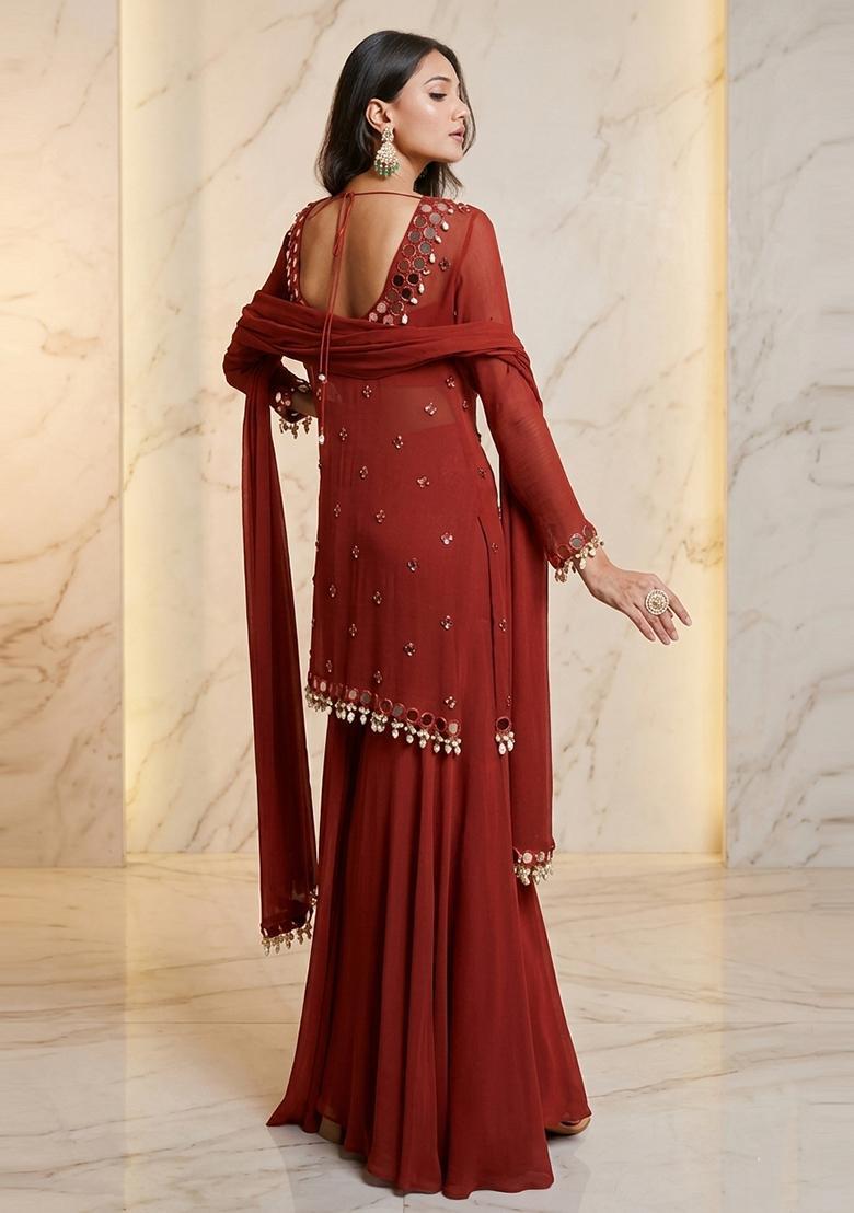 Deep Brown Embroidered Handwork Sharara Set - Indya