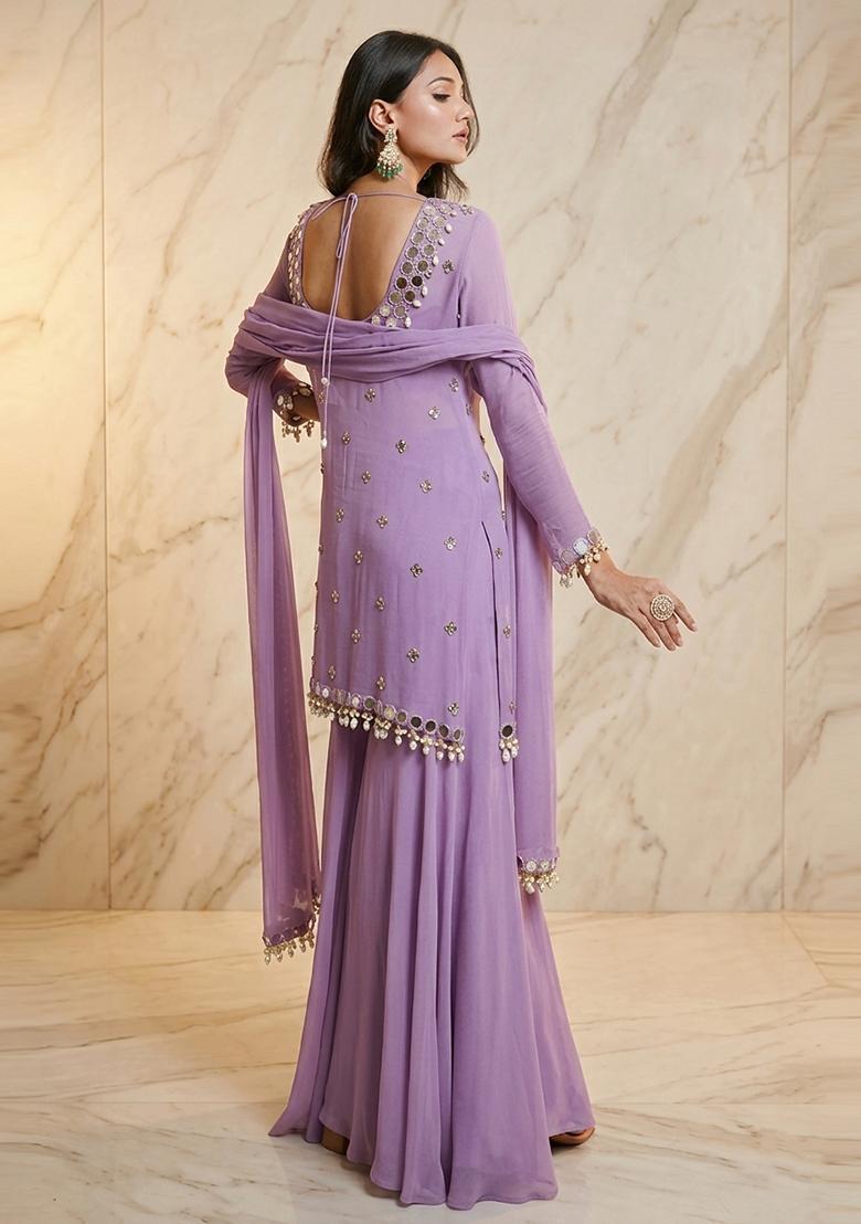 Lavender Embroidered Handwork Sharara Set - Indya