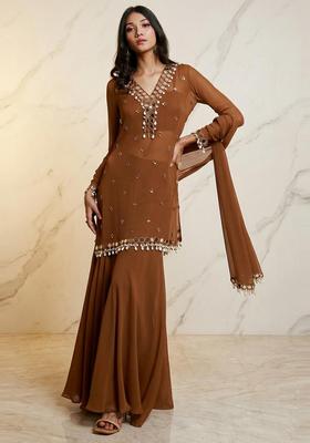Brown Embroidered Handwork Sharara Set
