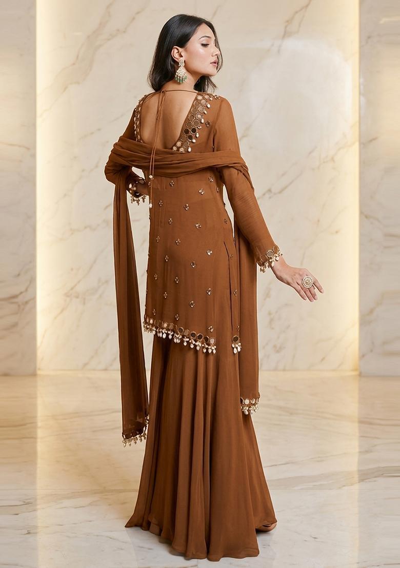 Brown Embroidered Handwork Sharara Set - Indya