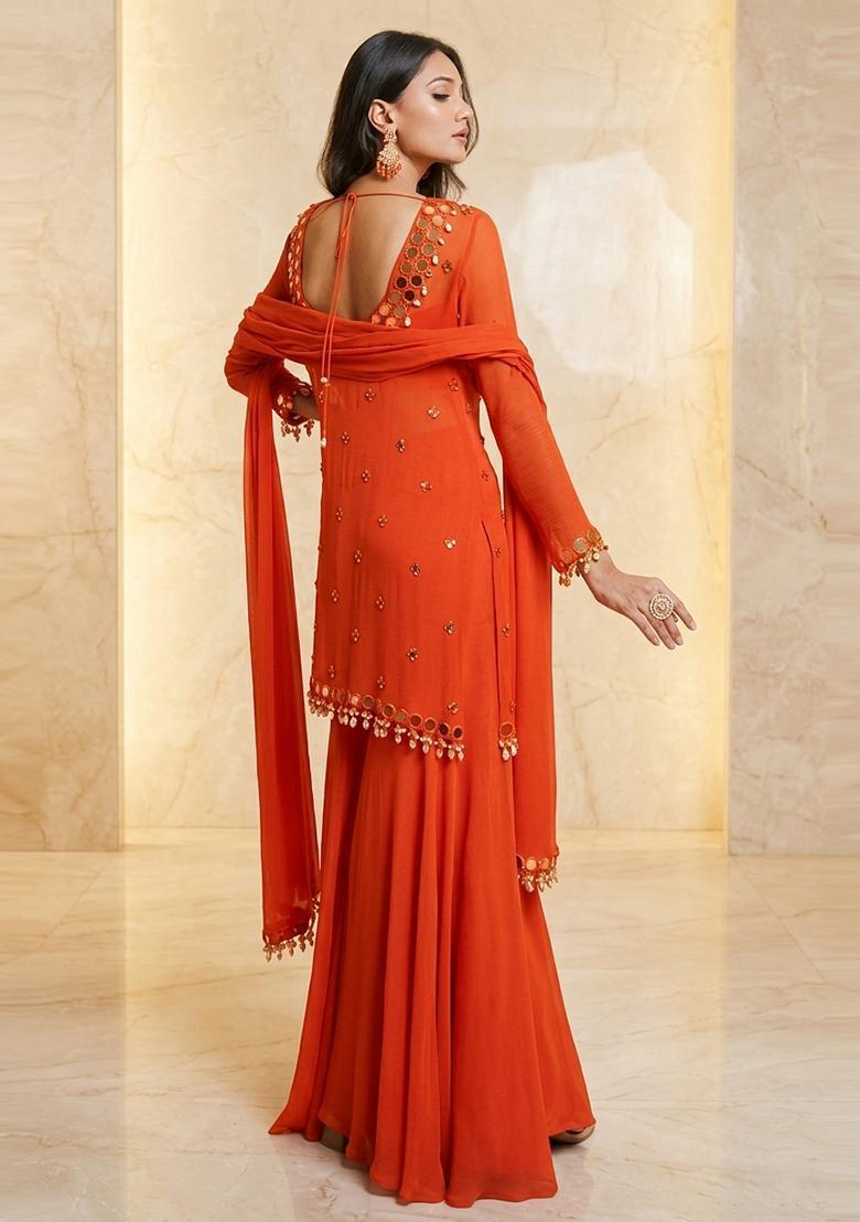 Rust Orange Embroidered Handwork Sharara Set - Indya