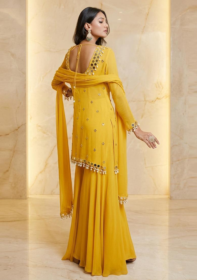 Yellow Embroidered Handwork Sharara Set - Indya