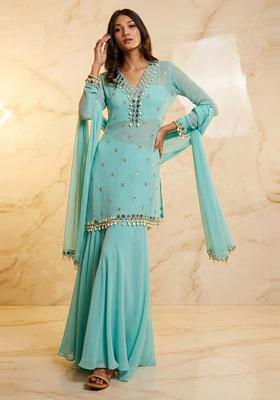 Aqua Blue Embroidered Handwork Sharara Set